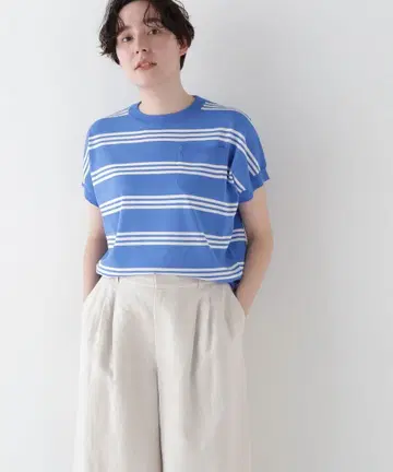 휴먼 우먼 랜덤 보더 반팔 썸머 니트 스웨터 상의 파랑 블루