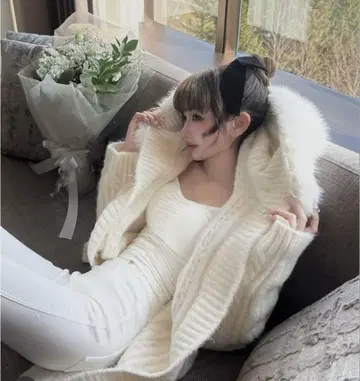treaturself Bunny fur cableknit cardigan