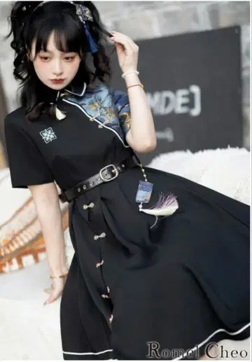 Belchic 플라워 태슬 아지메 차이나 이스트 원피스 반팔 파랑 블랙