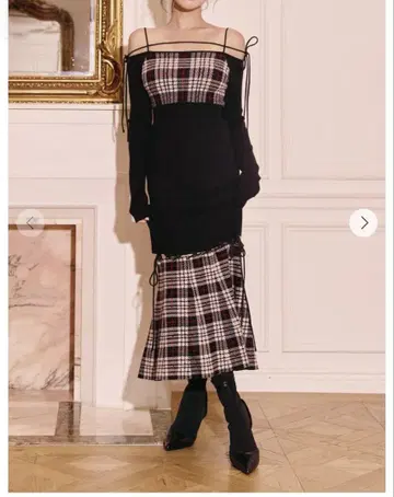 스트링 코어 격자 무늬 머메이드 원피스