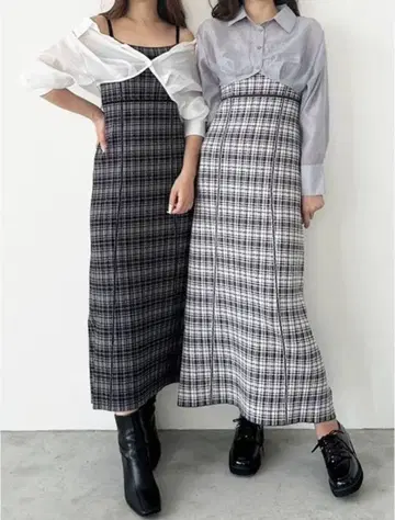 머큐리 듀오 체크 무늬 롱 원피스 (긴팔 포함)
