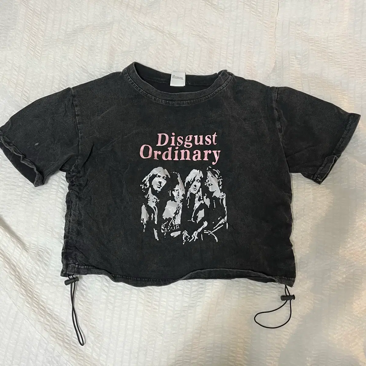 Ablly st shirring crop washing black lettering short-sleeved t-shirt