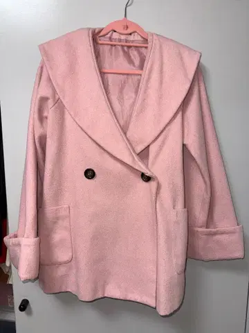 핑크 더블 브레스트 후드 부착 코트