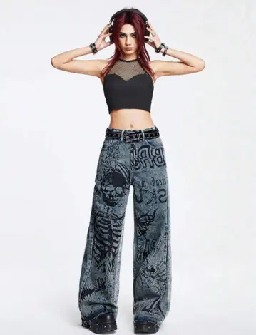 Y2K 그런지 스켈레톤 프린트 데님 팬츠