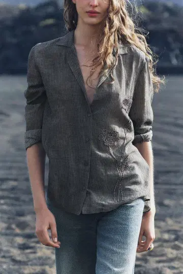 ZARA 그레이 꽃무늬 비즈 장식 긴팔 셔츠