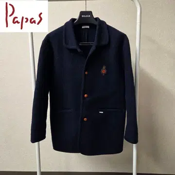 Papas / 멜톤 울 커버올 천연 가죽 싸개 버튼 네이비