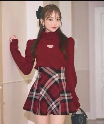 미셸 마카롱 플레어 체크 스커트 F 빨간색