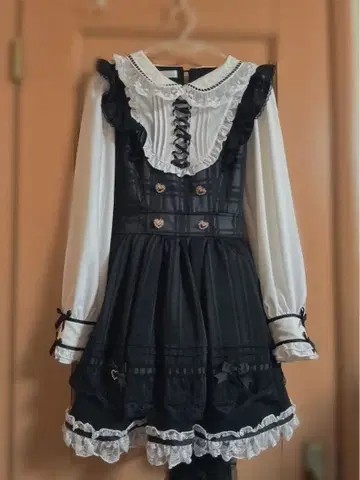 리즈리사 시어 체크 에이프런 프릴 원피스 블랙