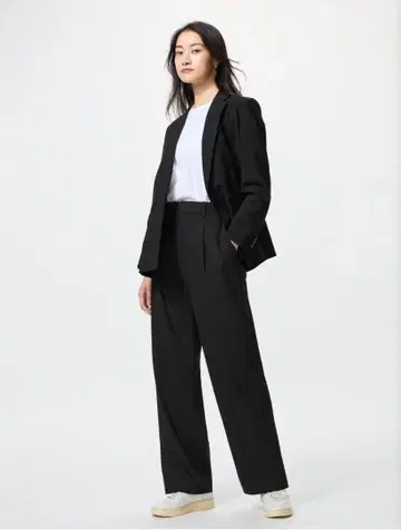 유니클로 턱 와이드 팬츠 긴 길이 M 블랙