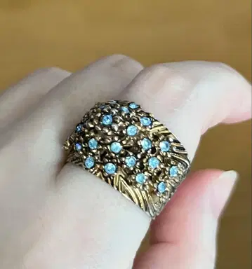 빈티지 아이스 블루 골드 컬러 잎사귀 문양 반지