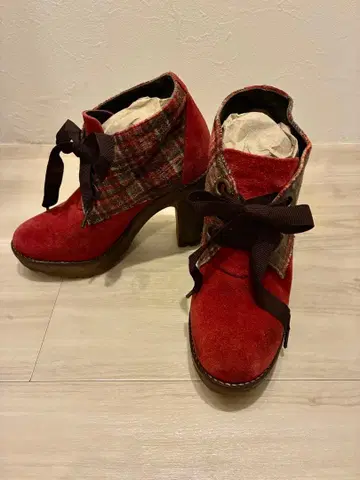 안나수이 ANNA SUI 보르도 x 체크 레이스업 숏부츠 36 와이드 힐