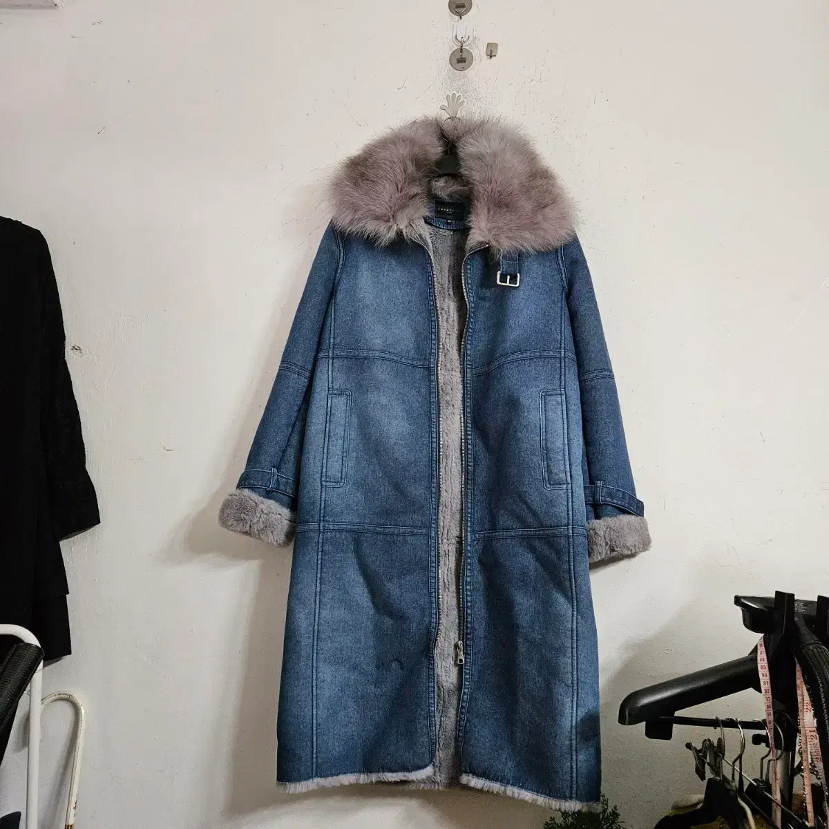 Denim long mustang fur coat