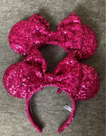 디즈니 머리띠 스팽글 미니 짙은 핑크 리본 세트