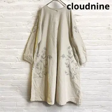 클라우드나인 롱 원피스 린넨 혼방 꽃무늬 자수 베이지 M-L