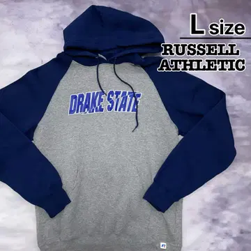 RUSSELL ATHLETIC 후드티 L 래글런 그레이 네이비 로고