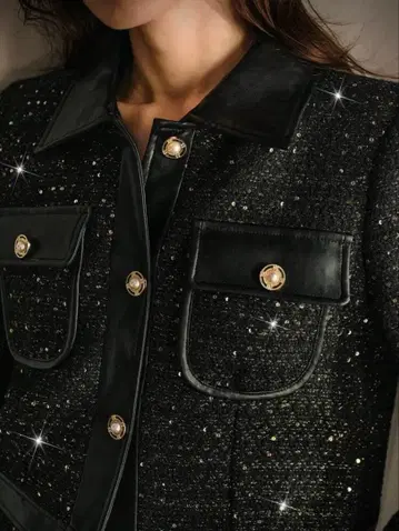 MOTF PREMIUM 트위드 스팽글 PU 가죽 자켓