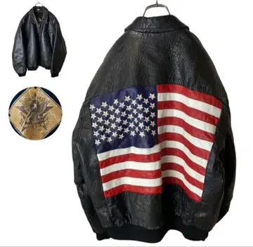 레트로 구제 의류 빅 성조기 디자인 블랙 리얼 가죽 자켓 빅 사이즈