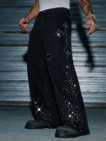 스팽글 장식 와이드 레그 데님 팬츠
