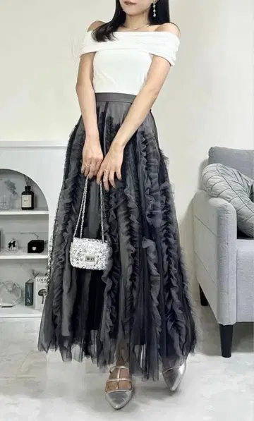 SNIDEL 프릴 그레이 롱 스커트