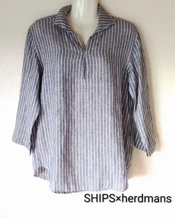 시착만 한 상품 SHIPS 하드맨즈 린넨 카프리 셔츠 네이비 스트라이프