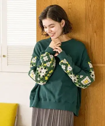 새상품 니코앤드 소매 크로셰 콤비 풀오버 그린