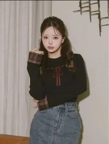 Darich 체크 커프스 리본 니트탑