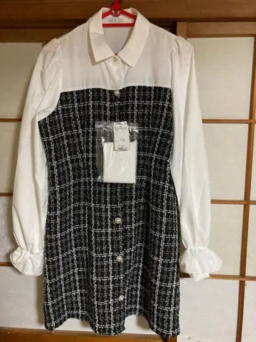 체크 무늬 퍼프 슬리브 셔츠 드레스 L