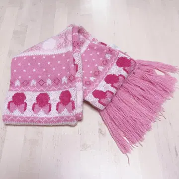 디즈니 미니 마우스 노르딕 무늬 프린지 머플러 하트 리본 핑크