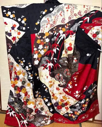 블랙 빨간색 소나무 대나무 매실 사계절의 꽃들 후리소데 기장 162