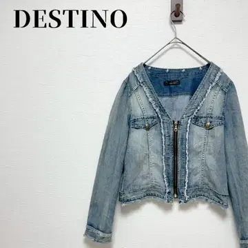 디스티노 V넥 노카라 데님 자켓 크롭 y2k 프린지