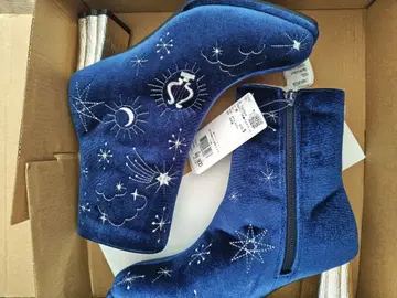 천체 모티브 자수 벨로아 부츠 S 사이즈 네이비