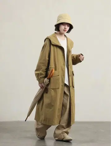 새상품 후드 부착 롱 코트 모즈 코트 넉넉한 핏 얇은 소재 봄/가을 선물