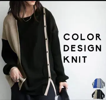 [ antiqua ] 이소재 버튼 디자인 배색 절개 니트