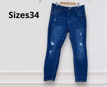 다크 블루 데미지 가공 데님 청바지 34 사이즈