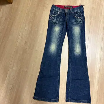 여성용 비즈 장식 다크 블루 부츠컷 데님 26인치