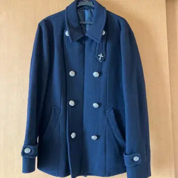 네이비 더블 브레스트 피 코트 울 코무사 코뮌 투웨이