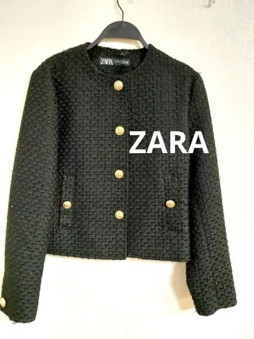 ZARA 노카라 트위드 자켓 블랙 골드 버튼