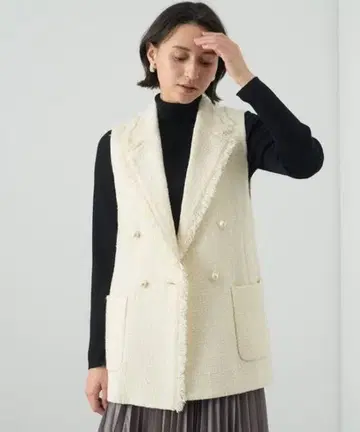 아나이 체크 트위드 프린지 베스트 트위드