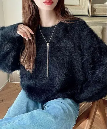 Meiru 라메 페더 니트 블랙