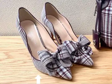 긴자 카네마츠 신발 리본 펌프스 체크 (보르도 계열)
