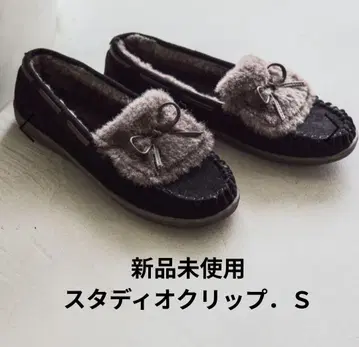 [발수] 리본 퍼 모카신 블랙 S 사이즈