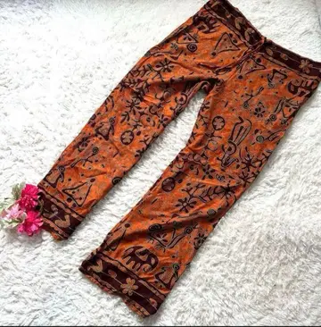 [ 동양풍 ] 오렌지 계열 패턴 팬츠 올 패턴 허리끈 F