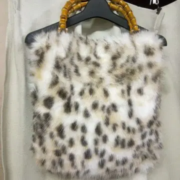 미사용 복슬복슬 에코 퍼 애니멀 무늬 토트백 대나무 손잡이