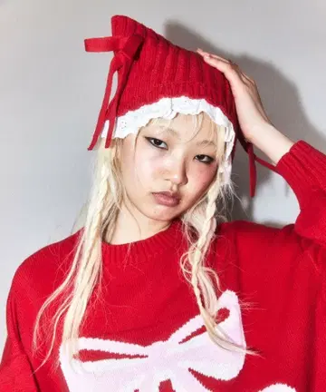 비니 리본 니트 모자 프릴 고양이 고양이 귀