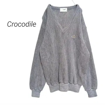 [ 크로커다일 ] V넥 니트 스웨터 자수 L 그레이 일본제 빈티지