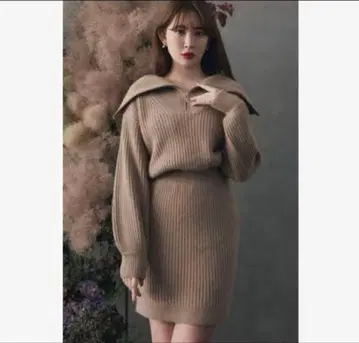 베이지 리브 니트 원피스