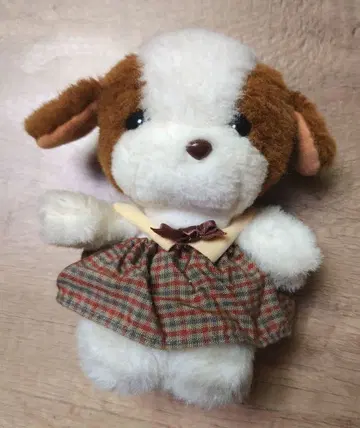 강아지 봉제 인형 체크 무늬 드레스 쇼와 레트로