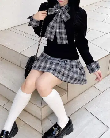 INGNI 리본 포함 미니 원피스 블랙 체크