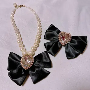 MARS 마즈 펄 리본 목걸이 & 머리핀 2세트