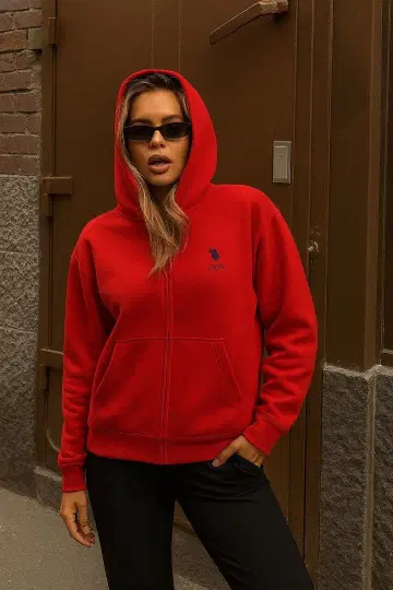 빨간색 후드 부착 집업 후드티 POLO